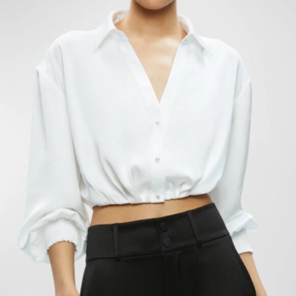 Alice + Olivia Pierre Cropped Button-Front Satin Shirt – Off White – S – NWT - Picture 1 of 7